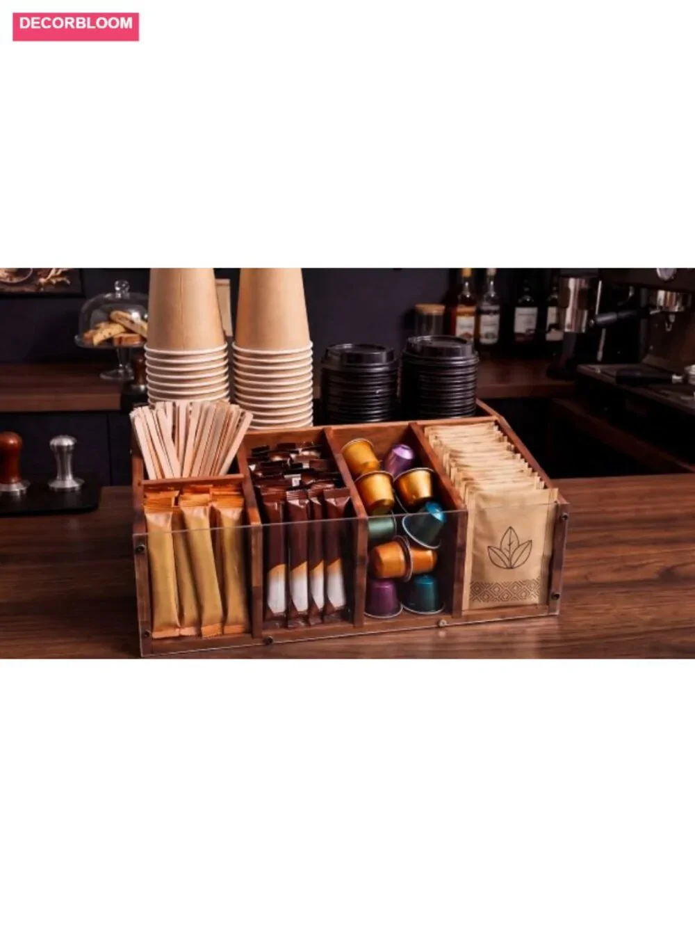 Acacia Wood Coffee Station Organizer for Countertop - 6 Compartments, Clear